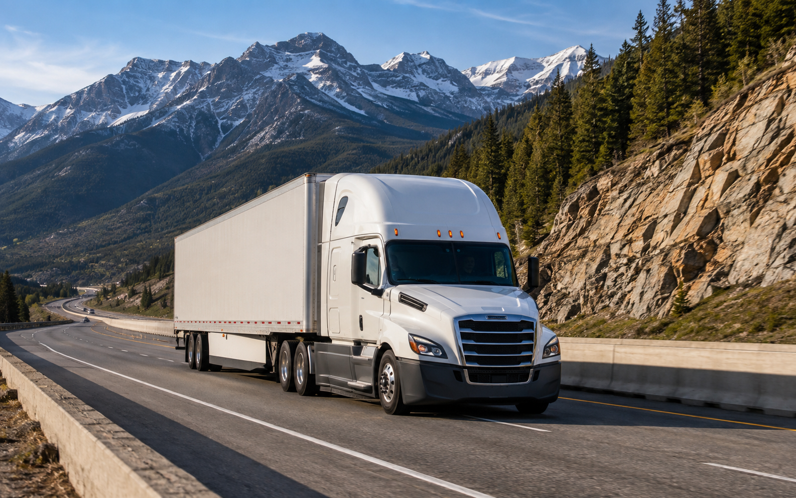 Semi truck driving on a mountain interstate
